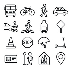 School transportation line art icons. school bus, bicycle, walking student, carpool, parent drop-off, crosswalk, backpack on wheels, street sign, traffic cone, stop sign, helmet,