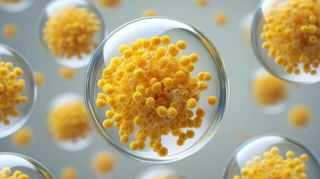 Cosmetic liposome particles, skincare peptide nanotechnology, exosomes molecules concept, yellow molecular structure, biotechnology research image, beauty dermatology science, active ingredient delive