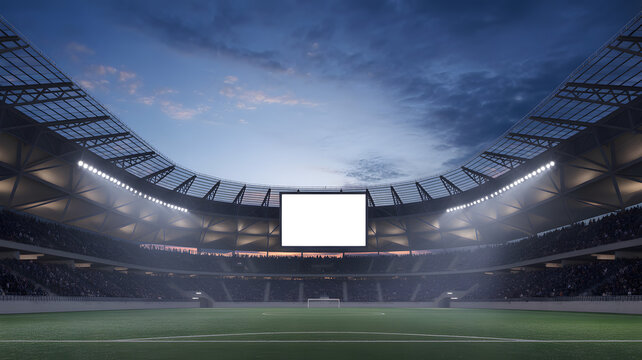 A vibrant sports arena glows with field lights under a twilight sky, offering a blank scoreboard ready for team names and event details.