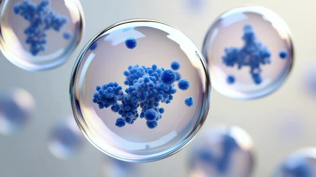 Blue peptide molecules, exosomes nanostructure, cosmetic biotechnology concept, molecular skincare innovation, scientific research visualization, active ingredient delivery