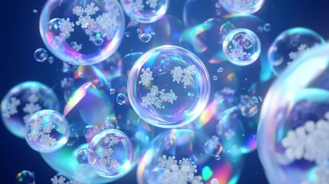 Snowflakes inside bubbles, winter holiday abstract, frozen crystal spheres, festive Christmas background, magical seasonal concept, icy decoration design, dreamy cold atmosphere, sparkling winter fant