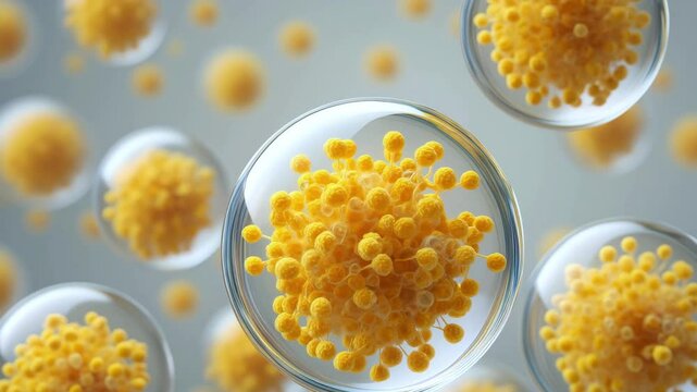 Exosomes, liposomes, cosmetic molecules, peptide structure, skincare science concept, yellow nanotechnology particles, biotechnology research visualization, beauty innovation background, molecular 