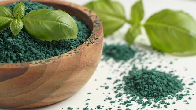Spirulina Powder in Wooden Bowl with Basil Leaves Vibrant Green Supplement on White Surface High Angle Shot for Adobe
