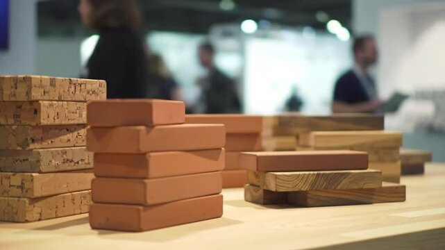 Stacked Red Bricks Cork and Wood on Light Wooden Table with Blurred People and Light Background for Industry and
