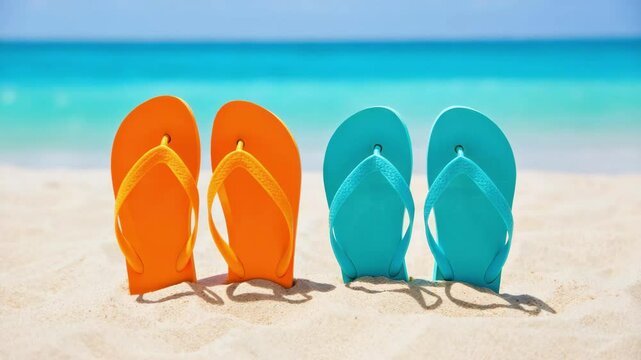 Colorful flip flops on beach, summer vacation scene, orange and turquoise sandals, tropical holiday concept, sandy seaside relaxation, ocean view lifestyle, fun beach footwear, coastal travel
