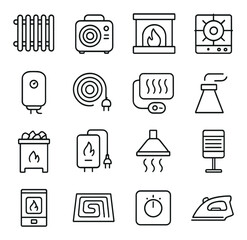 Heating appliances line art icons. radiator, space heater, fireplace, gas stove, water heater, electric coil, heating pad, chimney, sauna stove, boiler, heat lamp, infrared heater,
