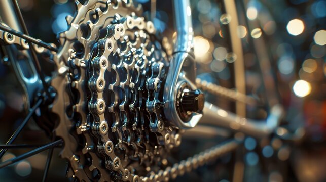 Close-up of bicycle parts against a dark backdrop, focusing on bike maintenance and chain replacement