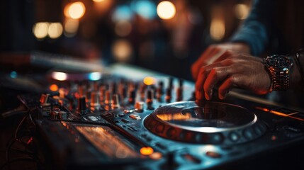 Close up of dj mixing music with hands on turntable and mixer in a dimly lit nightclub setting