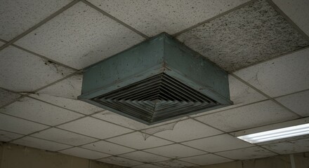 Obraz premium Dirty and Worn HVAC Air Vent Grille in a Stained and Deteriorating Suspended Acoustic Tile Ceiling, Industrial or Old Building Interior