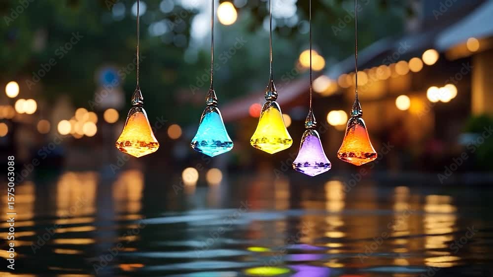 Poster close-up of decorative hanging lights in various colors over a water reflection. the lights add a co