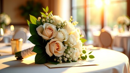 Obraz premium Wedding bouquet of roses on table in bright hall