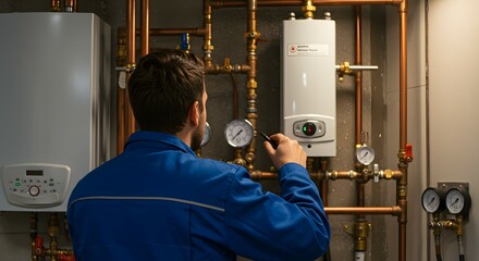 Professional Technician Inspecting and Maintaining a Boiler and Heating System with Copper Pipes and Pressure Gauges in a Utility Room
