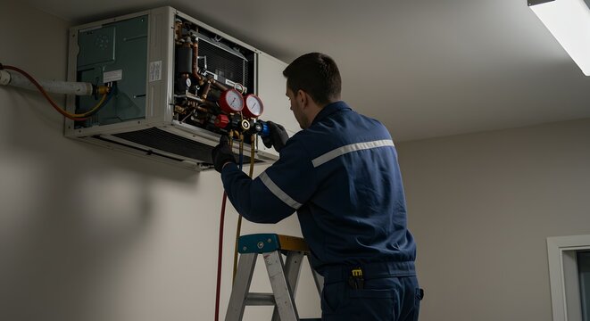 HVAC Technician Performing Maintenance and Repair on Wall-Mounted Air Conditioning Unit with Diagnostic Gauges