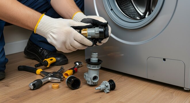 Hands in Protective Gloves Repairing Washing Machine Appliance, Troubleshooting Laundry Machine Malfunction with Tools and Spare Parts on Wooden Floor