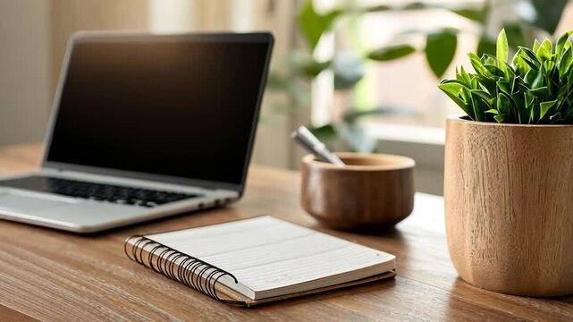 Close-up of an office desk with laptop notebook pen and potted plant with natural light and wooden texture
