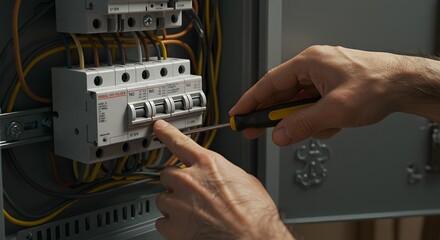 Professional Electrician's Hands Working on Electrical Circuit Breaker Panel Installation or Repair with Screwdriver