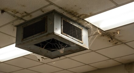 Obraz premium Grungy Industrial Air Vent and Stained Ceiling in a Dilapidated Building Interior with Cobwebs