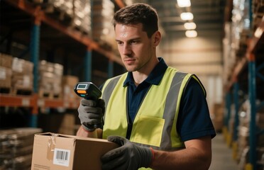 Warehouse worker scanning package with barcode reader, dramatic lighting and safety vest, industrial photography for logistics branding
