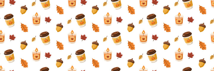 Seamless autumn pattern with coffee cups, candles, acorns and colorful leaves. Cartoon vector fall season background © JanelipArt
