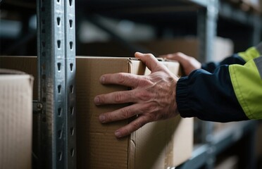 Warehouse worker’s hands gripping box, dramatic backlight and high-visibility sleeve, industrial detail shot for delivery visuals