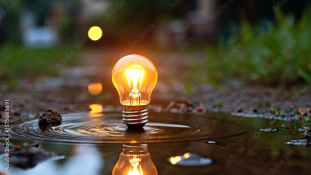Poster illuminated lightbulb floating in small puddle of water with reflection surrounded by dark moody bac