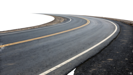 A curving asphalt road with double yellow lines and white edge lines isolated on a transparent background