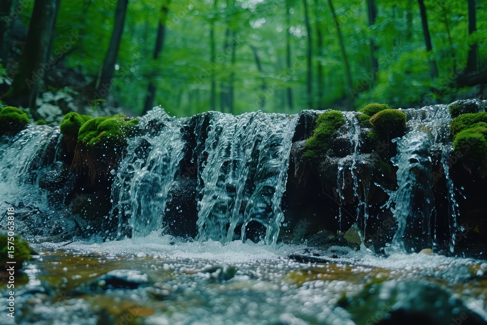 Poster top section of a multi-tiered waterfall cascading down a stream in a mountainous area