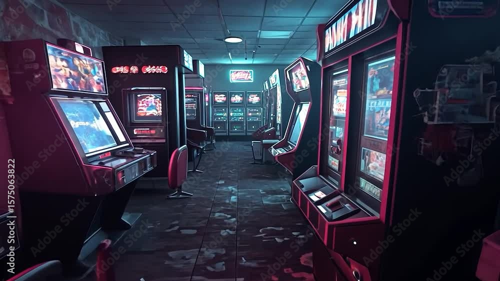 Poster an arcade hallway with glowing neon lights illuminating rows of gaming machines and chairs creating 