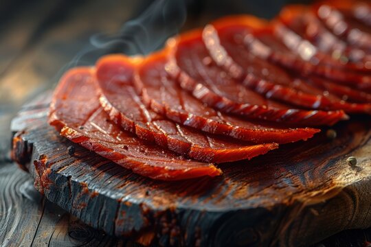Slices of sausage accompanied by cucumber, green onions, and parsley on a wooden board against a dark backdrop. Rustic presentation for promotional purposes