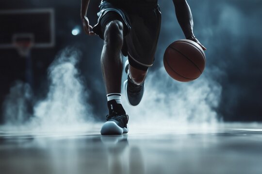 Action shot of a basketball player dribbling the ball on a shiny court, surrounded by smoke for dramatic effect. Focused on legs and ball.