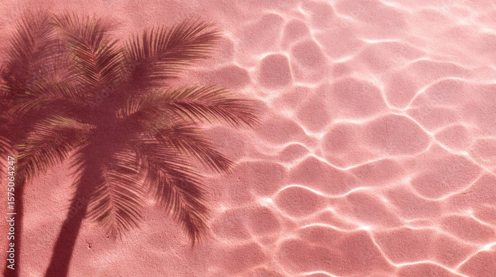 Poster top view of palm tree shadow on a sandy beach below water surface, sun reflections create patterns, 