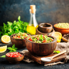 Traditional bld dl Ramanada - Tabbouleh - a salad of parsley, bulgur, green onions, mint, tomatoes, spices and herbs.
