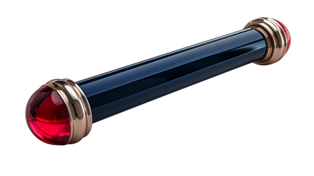 Real chrome-glass rod effect. Sleek cylindrical object with red crystal ends. Transparent PNG. Ideal for sci-fi UI, gaming elements, or futuristic decor renderings.