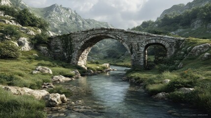 Fototapeta premium Serene Stone Bridge Arching Over Tranquil Mountain Stream