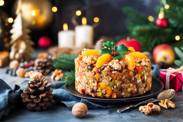 Traditional dishes for Christmas in Bulgaria Kolivo - a round cake made of cereals whole grains of wheat, barley. sprinkled with dried fruits and walnuts on to