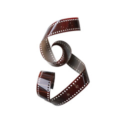 Brown film strip with white perforations curled and twisted against a black background isolated on a transparent background