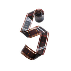 Brown vintage 35mm film strip curled into the shape of the number five isolated on a transparent background