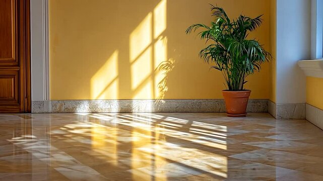 Interior scene bathed in sunlight featuring a potted plant near a window casting patterned shadows on the floor and a yellow wall. Wooden door present