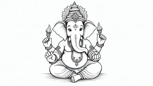 Intricate Line Art Drawing of Lord Ganesha with Traditional Iconography &ndash; Fine Pen Detailing, Four Arms Holding Modak, Ankus, Pasha, and Broken Tusk on Clean White or Light Parchment Background