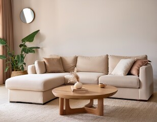 round accent wooden coffee table against beige fabric corner stylish sofa minimalist luxury home interior design of modern living room