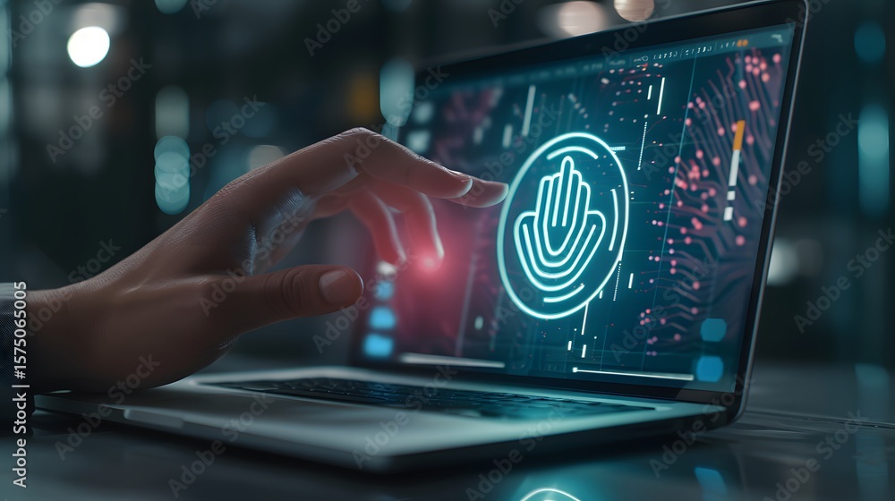 Poster a person's hand touching a laptop screen displaying a glowing fingerprint authentication symbol.