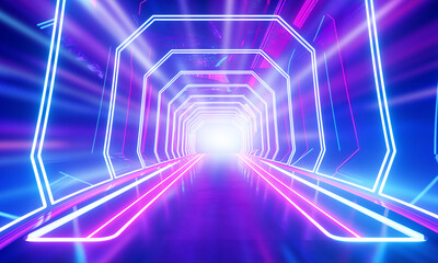 Empty background scene. Dark street reflection on background flyer. Rays of neon light in the dark, neon shapes, smoke. Background of an empty stage show, party, or event. Abstract dark background