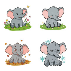 Cute animated elephant in different moods across four seasons  