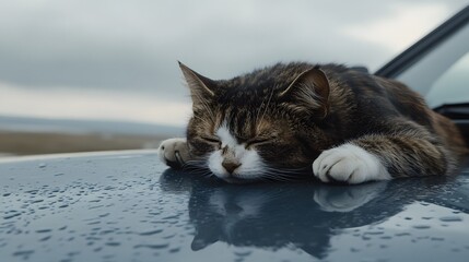 Adorable Tabby Cat Sleeping on Wet Car Hood Outdoor