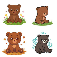 Cute cartoon bears sitting in seasonal settings with expressive faces  