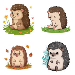 Cute illustrated hedgehogs in various seasonal backgrounds  