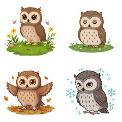 Cartoon owls in four seasons on green grass and white background  