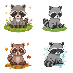 Cute cartoon raccoons sitting on grass with flowers and leaves  