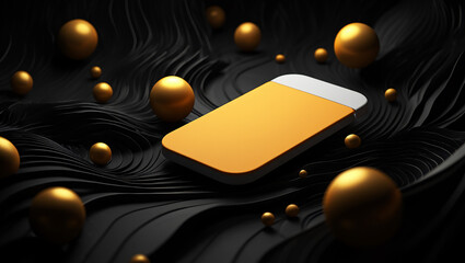 Golden spheres on black wavy surface with yellow object image