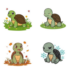 Cartoon turtles in different seasons and moods on colorful backgrounds  